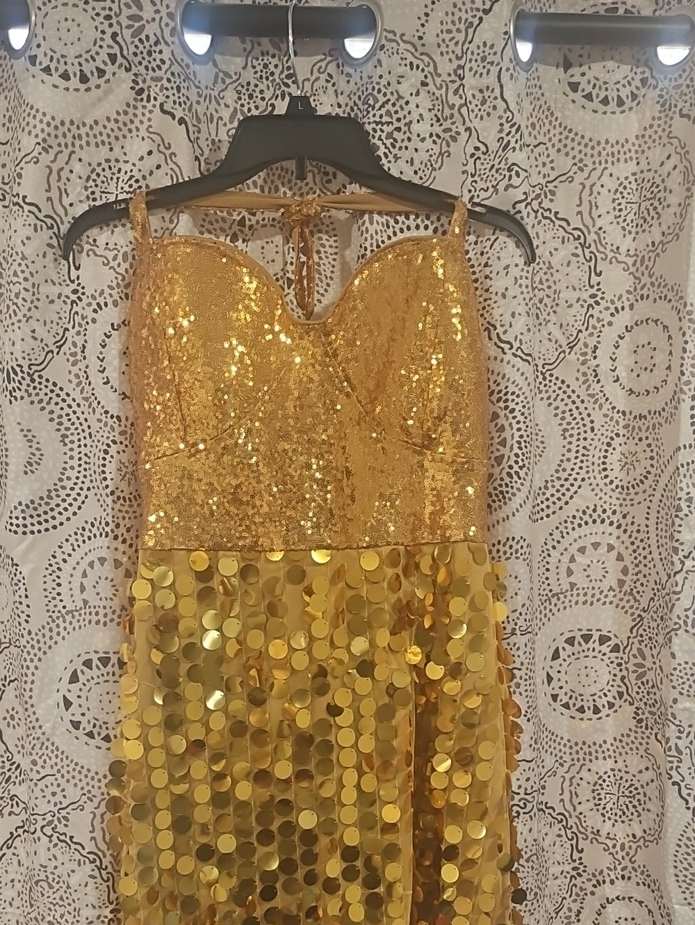 Gold Sequin Mini Dress with Fringe Disk Skirt